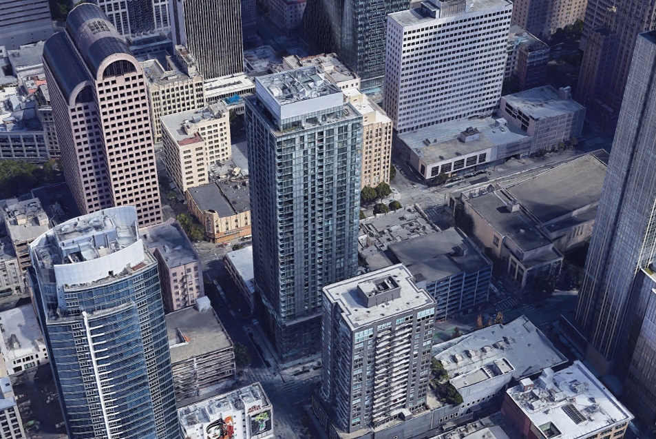 External three-dimensional rendering of the 39-story West Edge Apartments in Seattle.